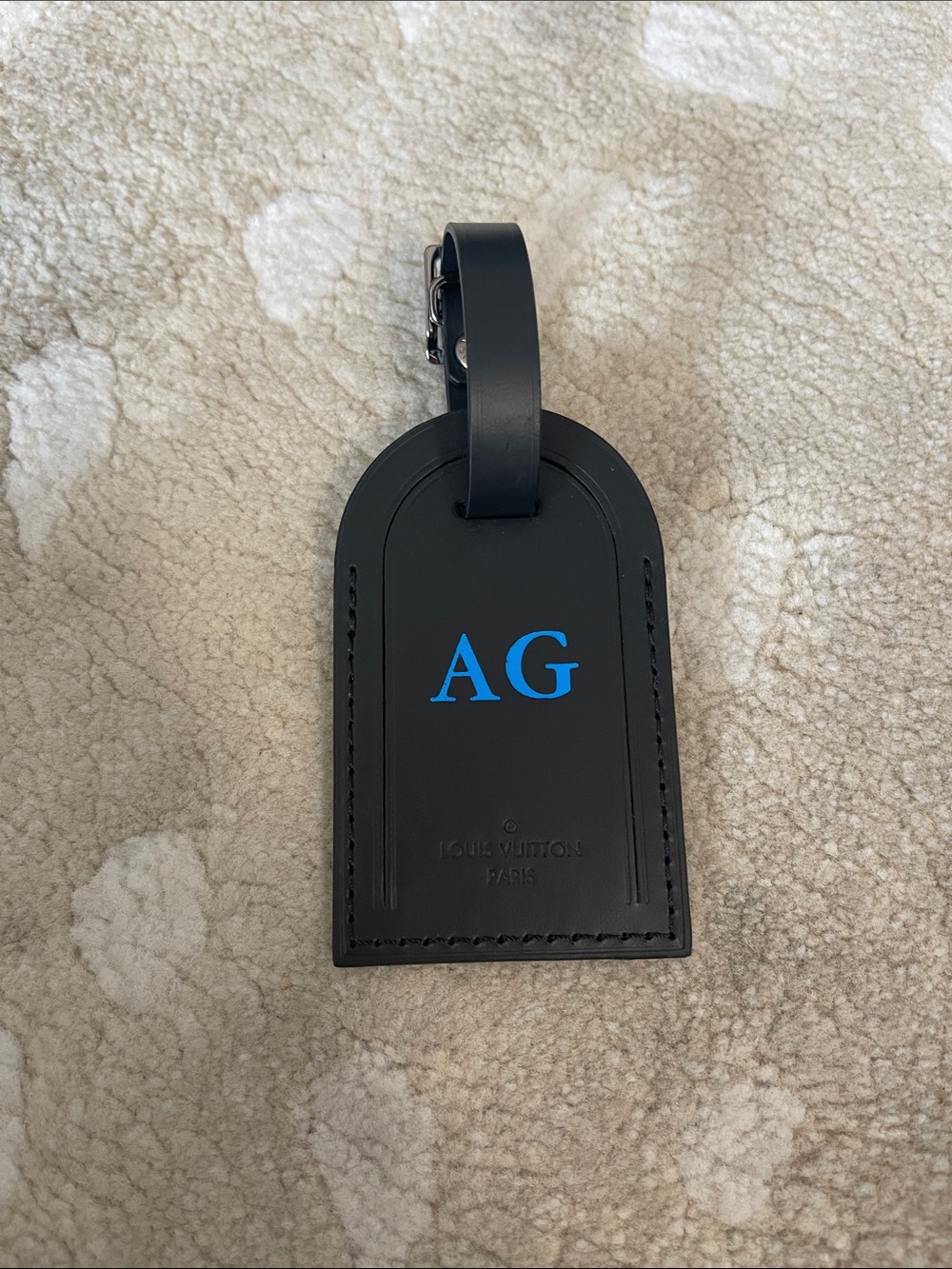New Louis Vuitton Black Leather Tag with Bright Blue Initials AG hotstamp